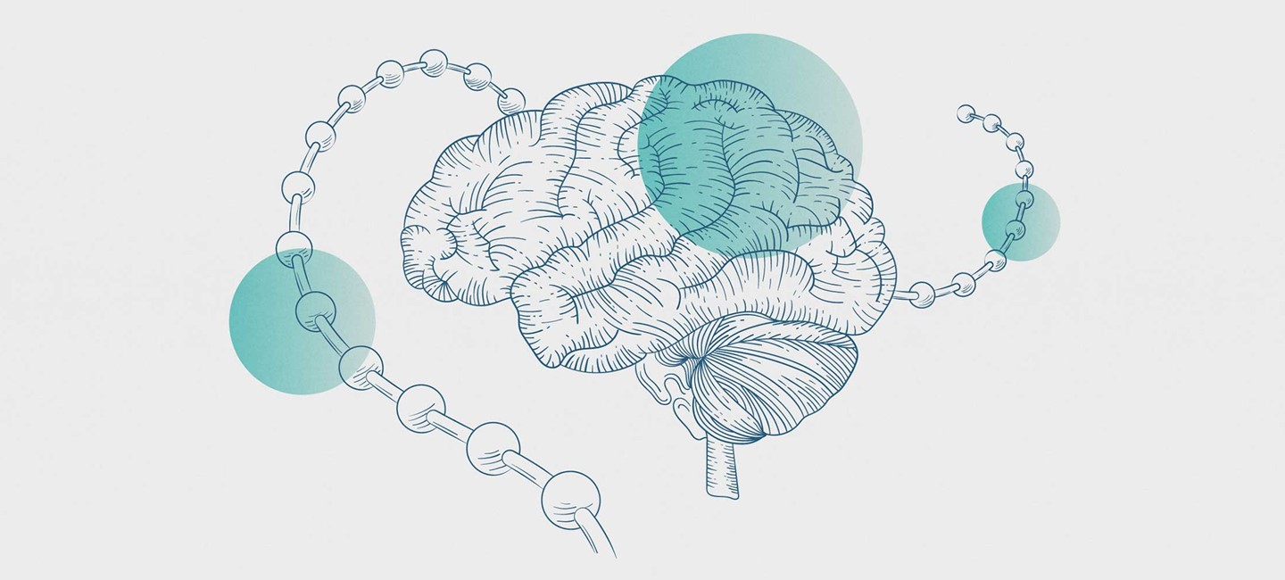 A brain with a peptide wrapping around the back and green circles on both the brain and peptide.